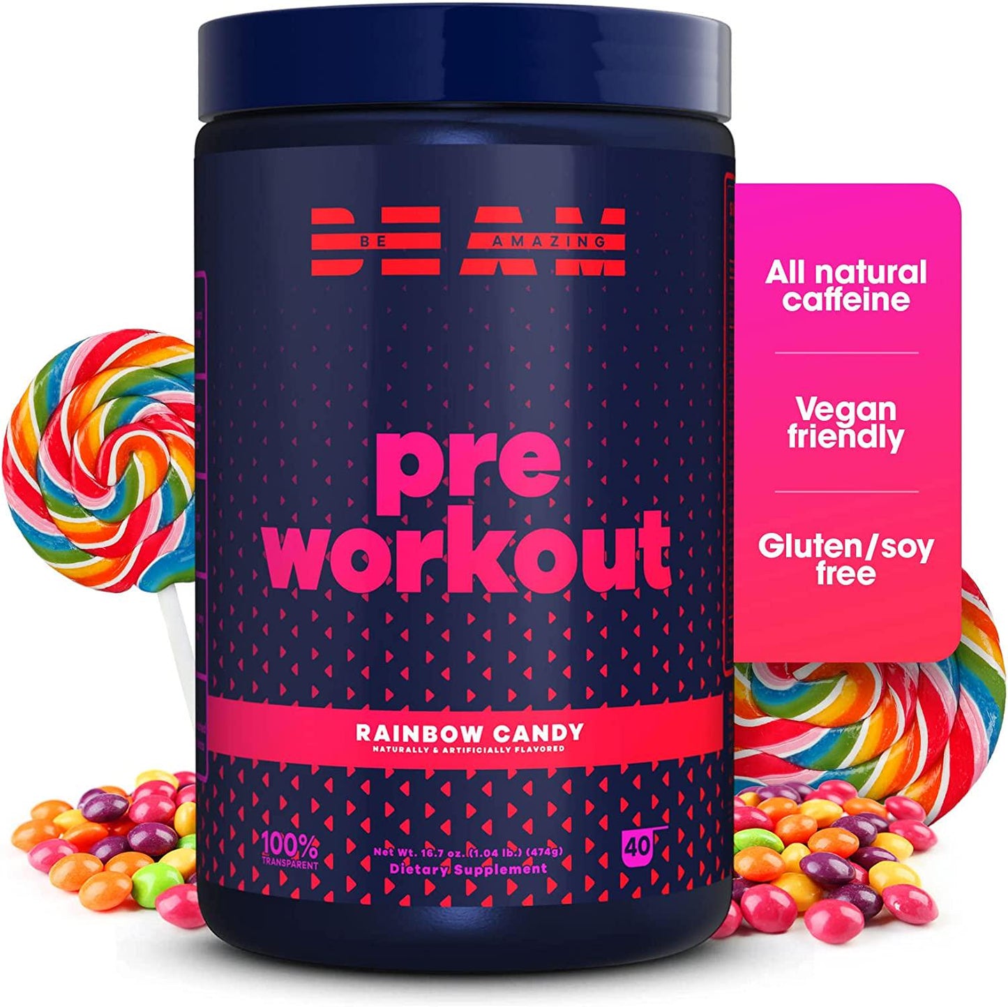 BEAM Be Amazing - Vegan Pre-Workout Powder, All-Natural Caffeine, Gluten-Free Energy Booster Powdered Drink with Adaptogens, No Crash, No Jitters, Watermelon Candy, 40 Scoops