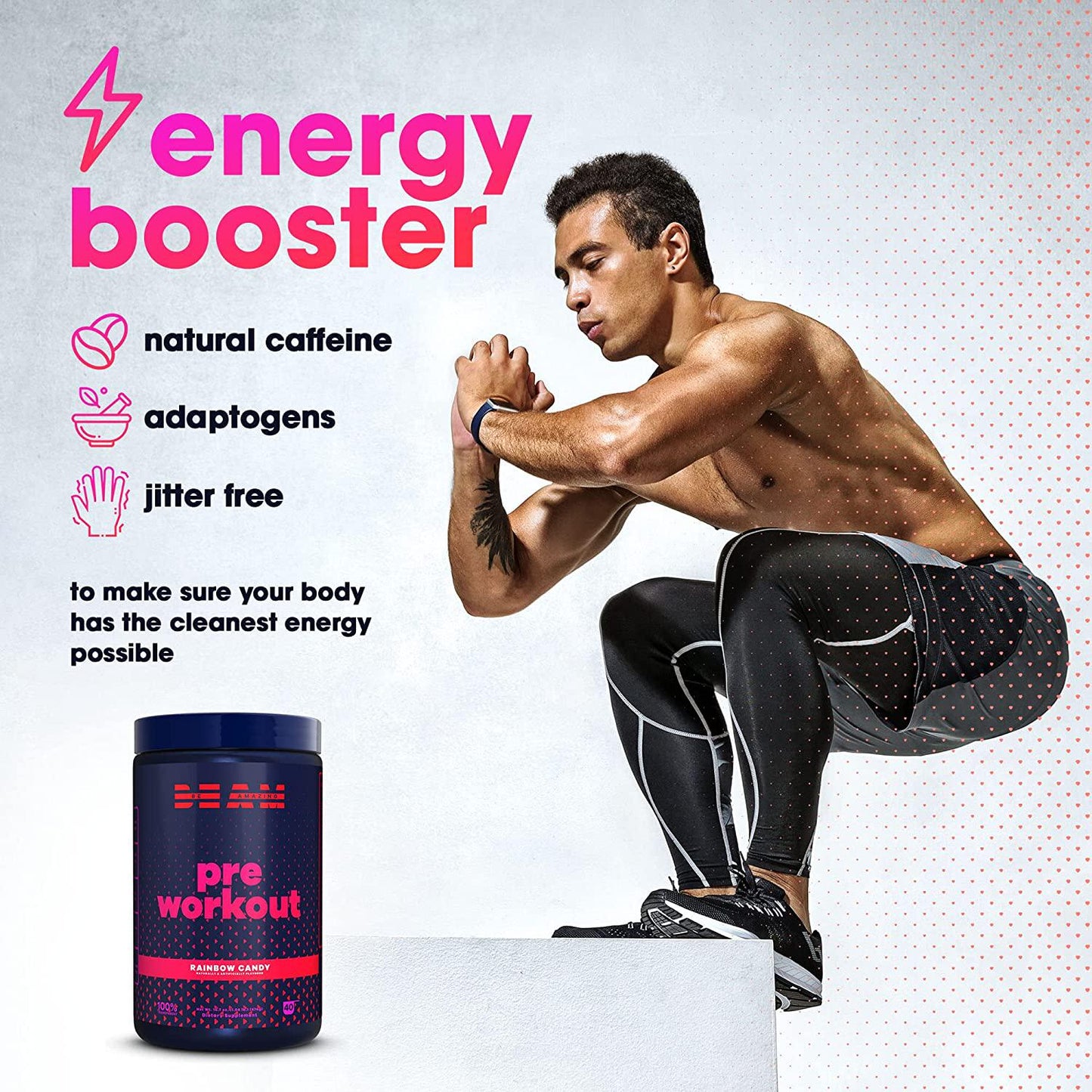 BEAM Be Amazing - Vegan Pre-Workout Powder, All-Natural Caffeine, Gluten-Free Energy Booster Powdered Drink with Adaptogens, No Crash, No Jitters, Watermelon Candy, 40 Scoops