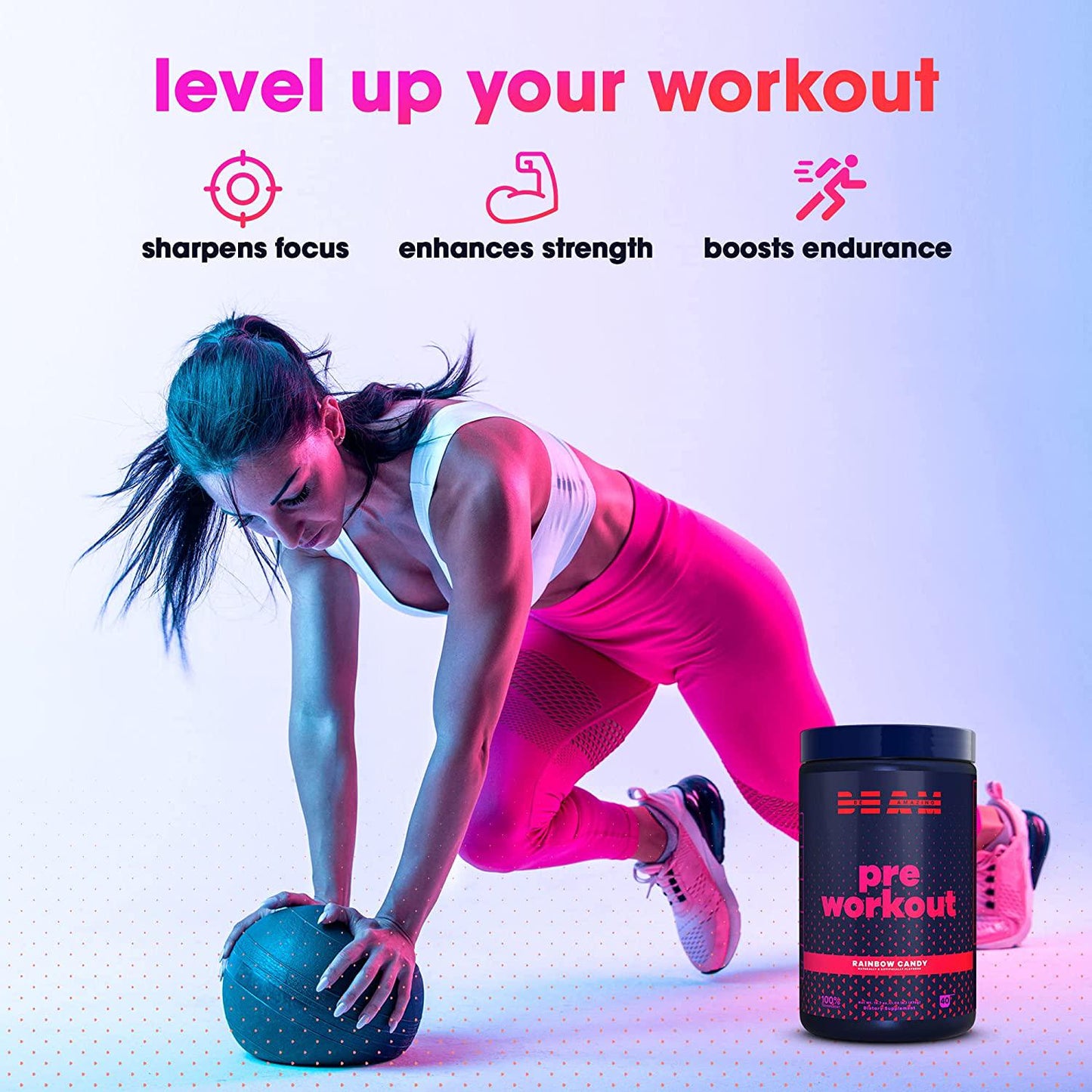 BEAM Be Amazing - Vegan Pre-Workout Powder, All-Natural Caffeine, Gluten-Free Energy Booster Powdered Drink with Adaptogens, No Crash, No Jitters, Watermelon Candy, 40 Scoops