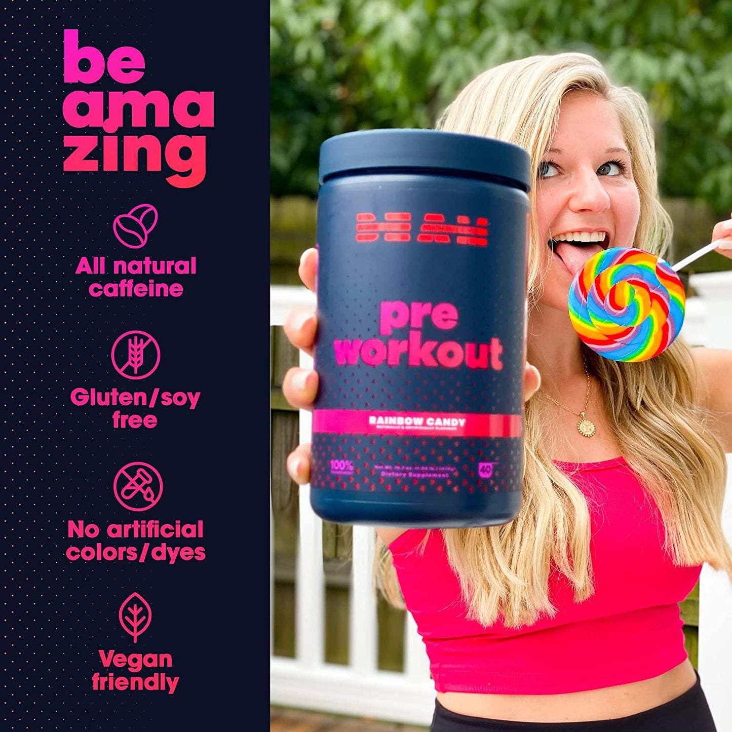 BEAM Be Amazing - Vegan Pre-Workout Powder, All-Natural Caffeine, Gluten-Free Energy Booster Powdered Drink with Adaptogens, No Crash, No Jitters, Watermelon Candy, 40 Scoops