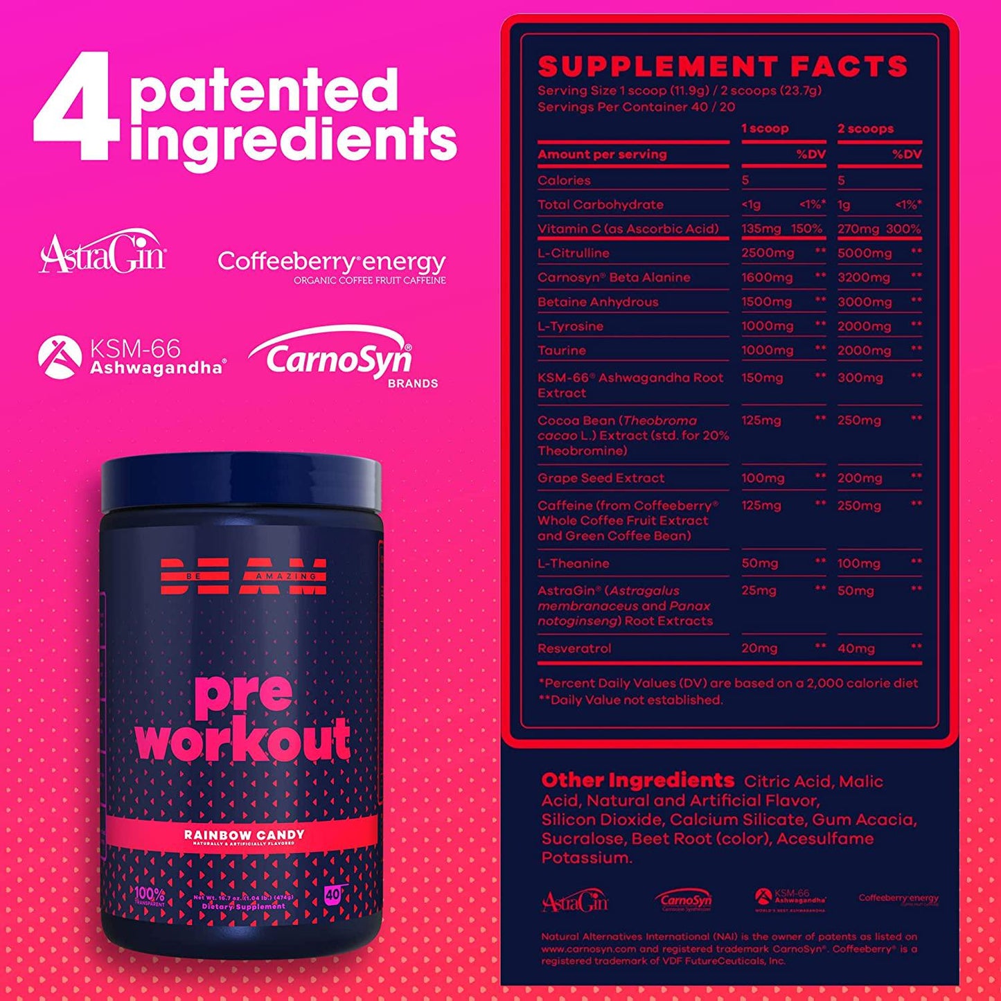 BEAM Be Amazing - Vegan Pre-Workout Powder, All-Natural Caffeine, Gluten-Free Energy Booster Powdered Drink with Adaptogens, No Crash, No Jitters, Watermelon Candy, 40 Scoops