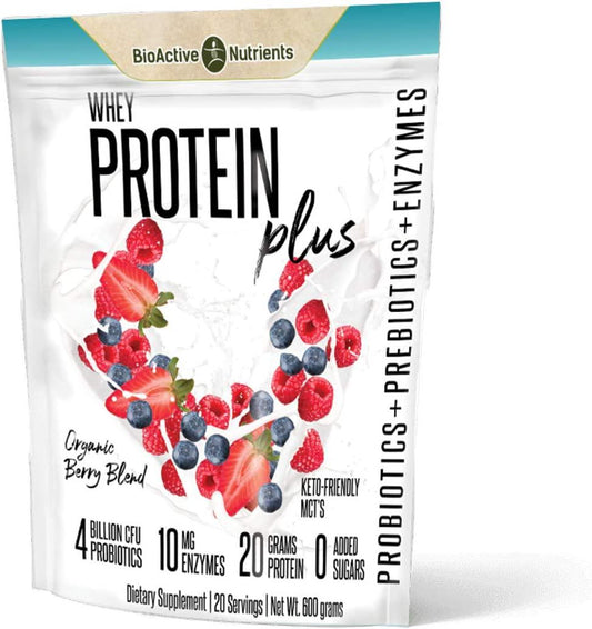 BIOACTIVE NUTRIENTS Whey Protein Plus by BioActive Nutrients 600g 20 Servings 4 Billion CFU Probiotics Prebiotics 10mg Enzymes L-Glutamine 20g Protein Antioxidants Phytonutrients Keto MCTs No Sugar