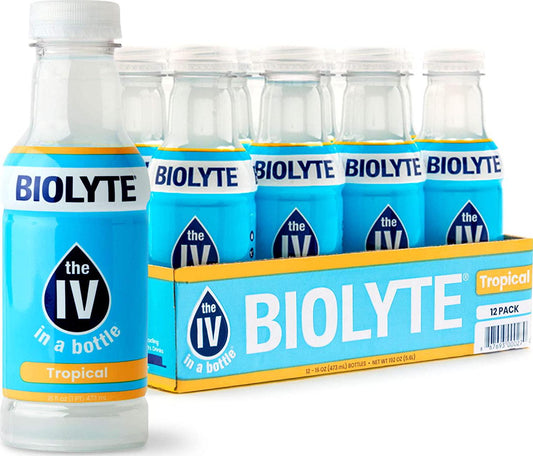 BIOLYTE Electrolyte Drink, Tropical 12 Pack | IV Liquid Bottle for Dehydration | Hydration Supplement Drink with B Vitamins | Amino Acid Energy Drinks | Keto-Friendly Natural Low Sugar