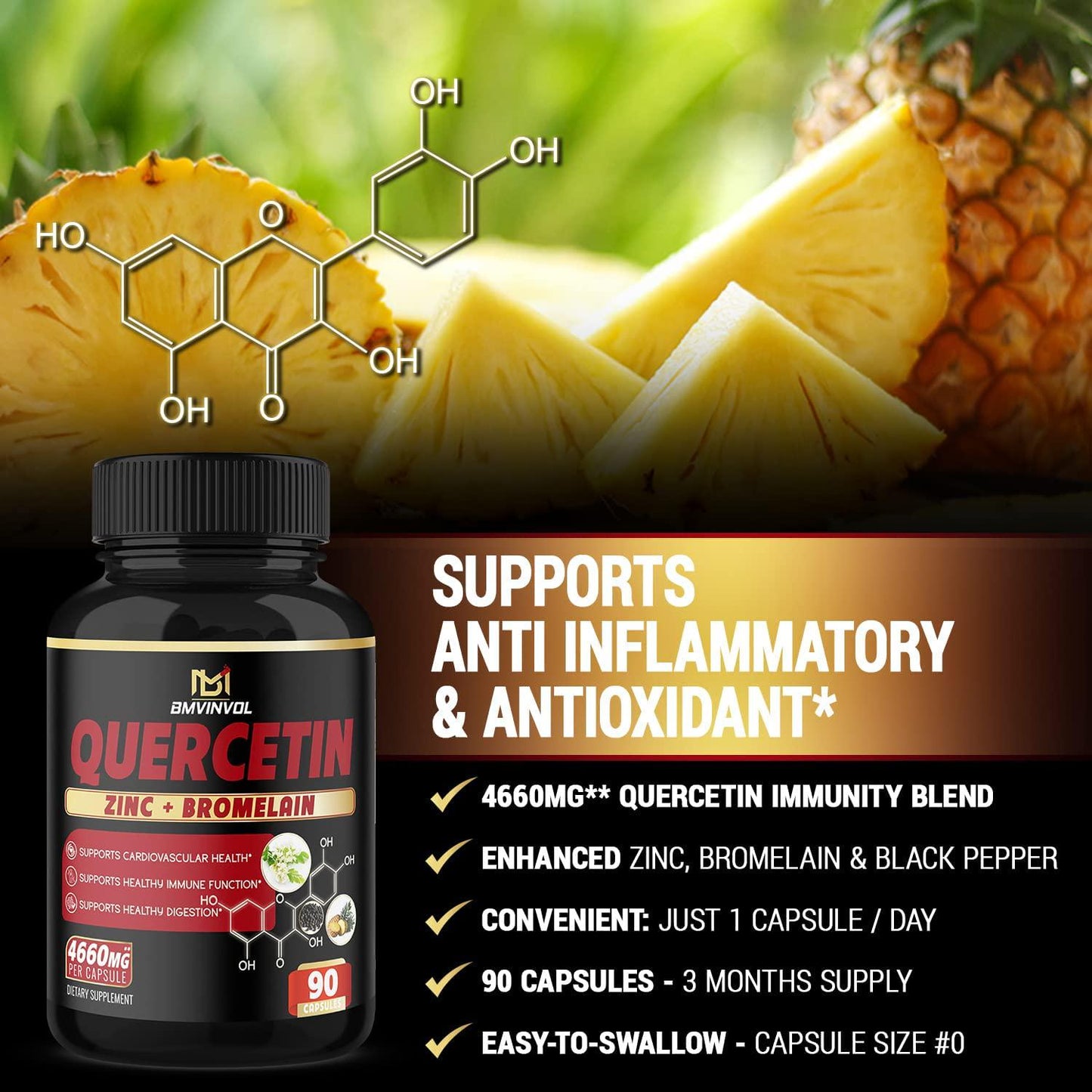 BMVINVOL Quercetin Supplement 4660 mg - Supports Cardiovascular Health, Immune System and Antioxidant - with Bromelain, Black Pepper Extract - 3 Month Supply