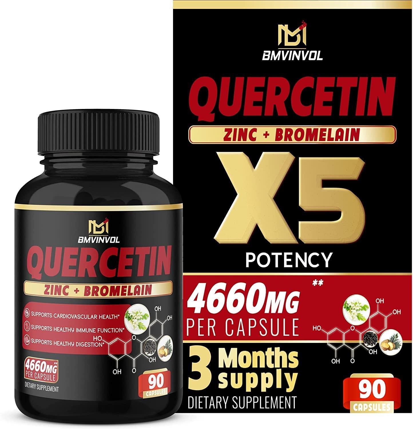 BMVINVOL Quercetin Supplement 4660 mg - Supports Cardiovascular Health, Immune System and Antioxidant - with Bromelain, Black Pepper Extract - 3 Month Supply
