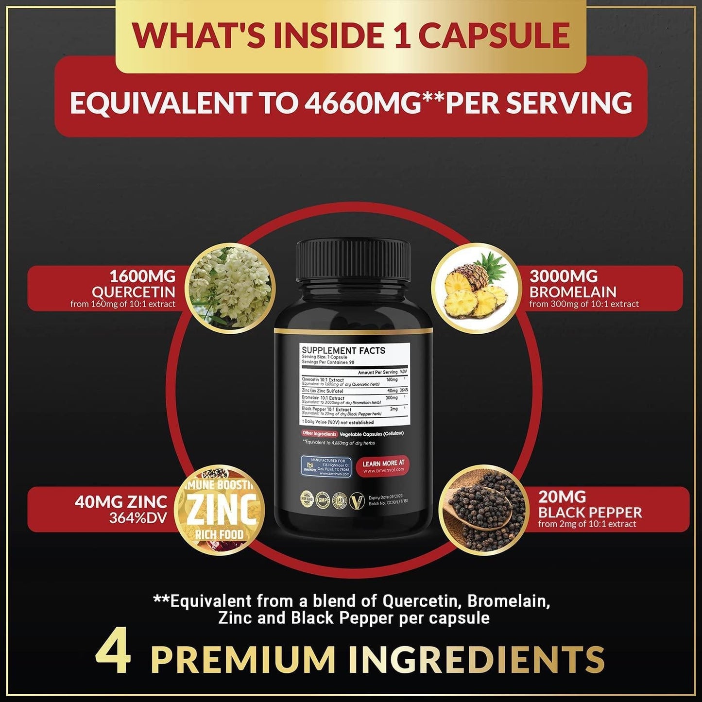 BMVINVOL Quercetin Supplement 4660 mg - Supports Cardiovascular Health, Immune System and Antioxidant - with Bromelain, Black Pepper Extract - 3 Month Supply