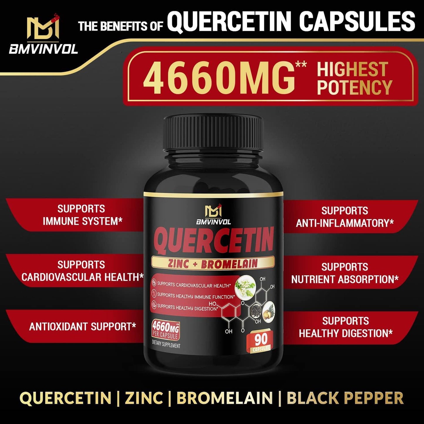BMVINVOL Quercetin Supplement 4660 mg - Supports Cardiovascular Health, Immune System and Antioxidant - with Bromelain, Black Pepper Extract - 3 Month Supply