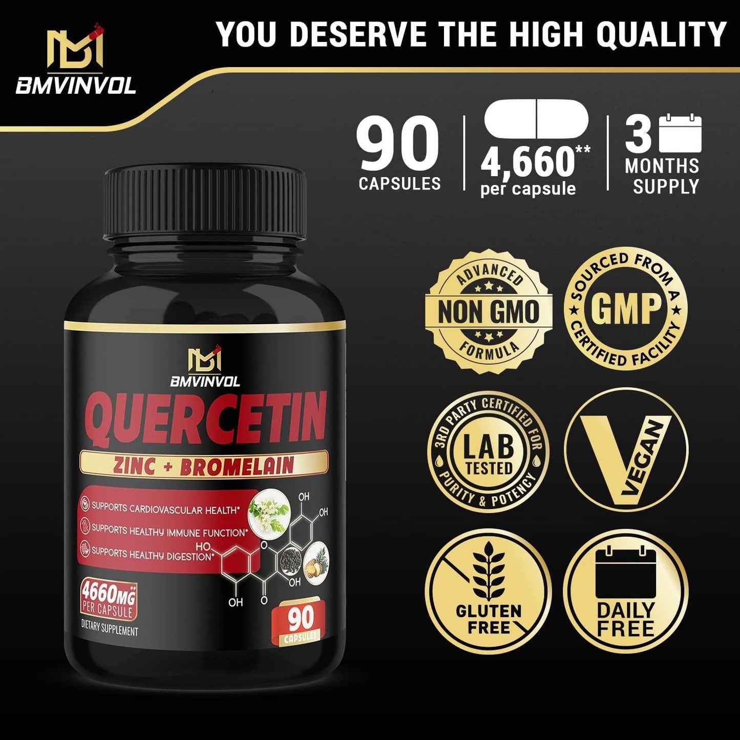BMVINVOL Quercetin Supplement 4660 mg - Supports Cardiovascular Health, Immune System and Antioxidant - with Bromelain, Black Pepper Extract - 3 Month Supply