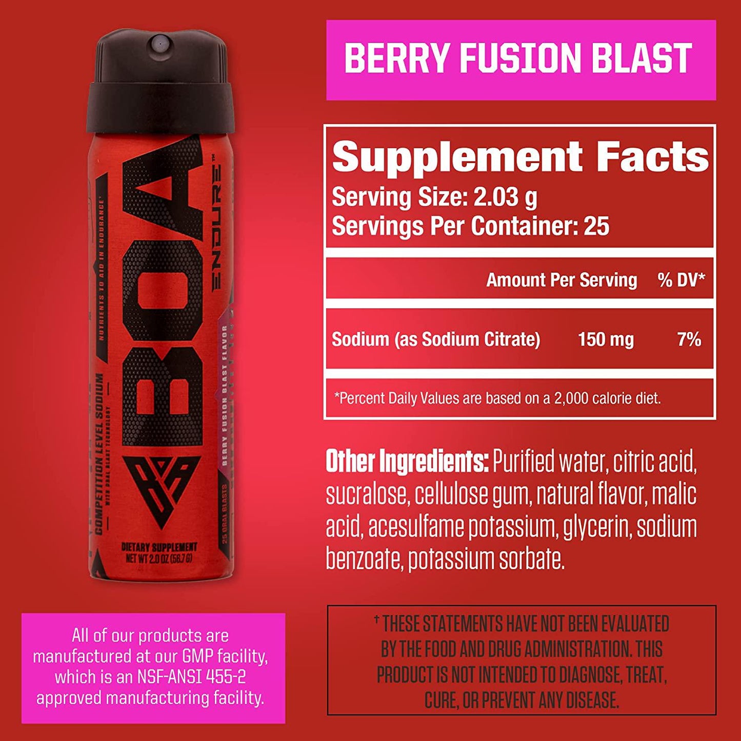 BOA Endure Single - Rapid Sodium Replacement - Patented Oral Blast - Hydrate Up to 10x Faster - Berry Flavor - 2 oz - 25 Servings ( $.79 per Serving) - 150mg per Serving NSF Sport Certified