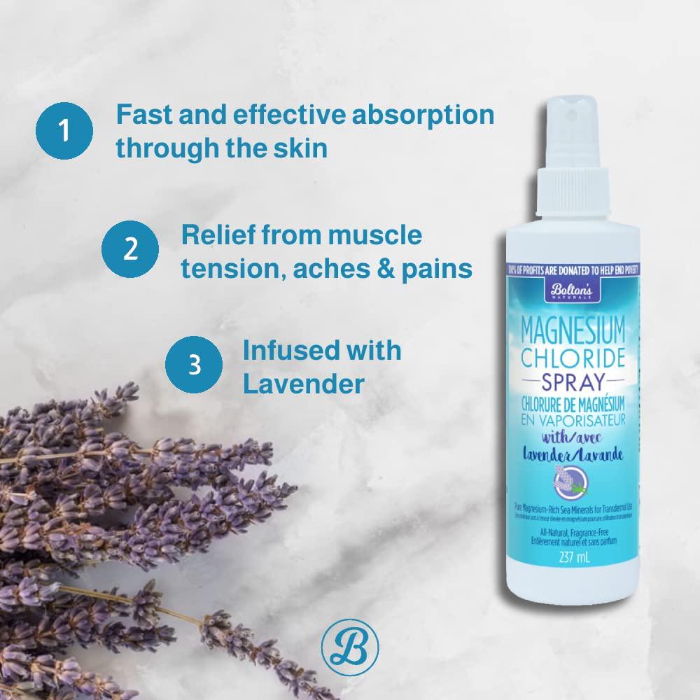 BOLTON'S Natural - Magnesium Chloride Spray with Lavender, 8 oz | Relieves Tension | Restores Healthy Magnesium Levels | Soothes, Protects and Boosts Skin's Moisture Retention