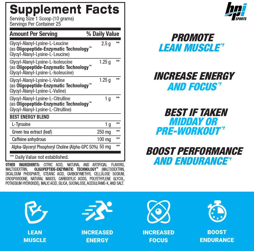 BPI Sports Best BCAA with Energy - Healthy BCAA Powder - Improved Performance - Lean Muscle Building - Accelerated Recovery - Proprietary Energy Blend - Sour Candy - 25 Servings - 8.8 oz. (BP114)