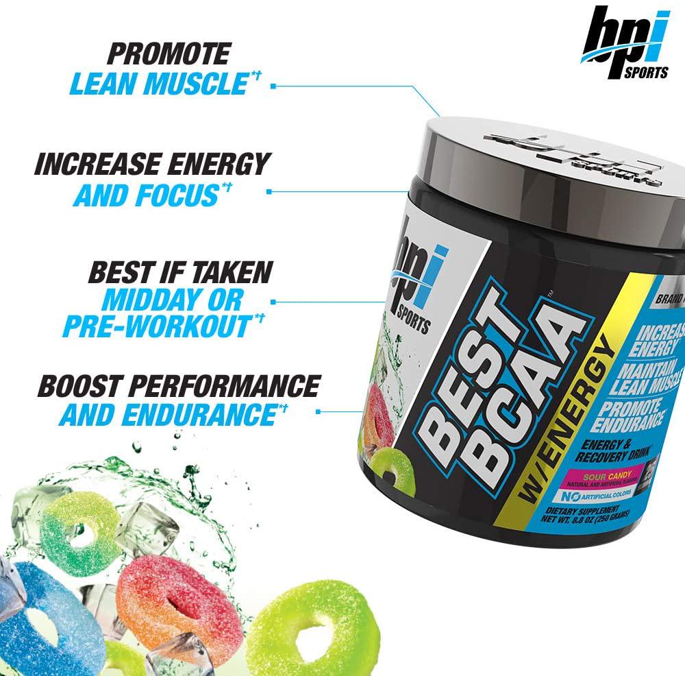 BPI Sports Best BCAA with Energy - Healthy BCAA Powder - Improved Performance - Lean Muscle Building - Accelerated Recovery - Proprietary Energy Blend - Sour Candy - 25 Servings - 8.8 oz. (BP114)