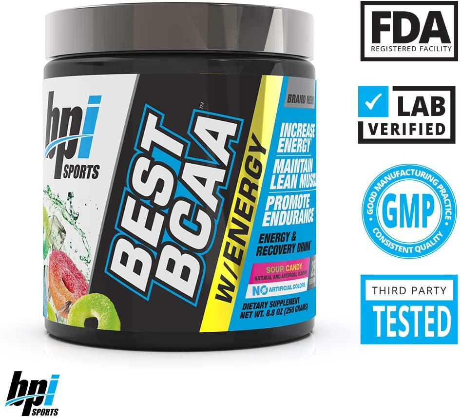 BPI Sports Best BCAA with Energy - Healthy BCAA Powder - Improved Performance - Lean Muscle Building - Accelerated Recovery - Proprietary Energy Blend - Sour Candy - 25 Servings - 8.8 oz.