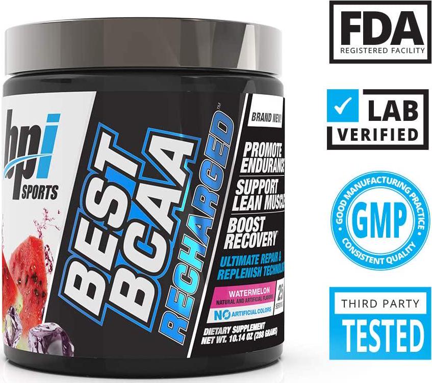 BPI Sports Best Bcaa Recharged Endurance, Muscle, Recovery Leucine, Isoleucine, Valine Green Tea Taurine Coconut Water Electrolytes for Men and Women Watermelon 25 Servings 10.14 Oz