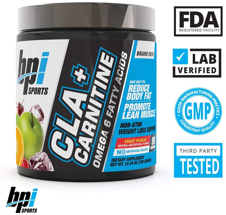 BPI Sports CLA + Carnitine Conjugated Linoleic Acid Weight Loss Formula Metabolism, Performance, Lean Muscle Caffeine Free For Men and Women Fruit Punch 50 servings 12.34 oz