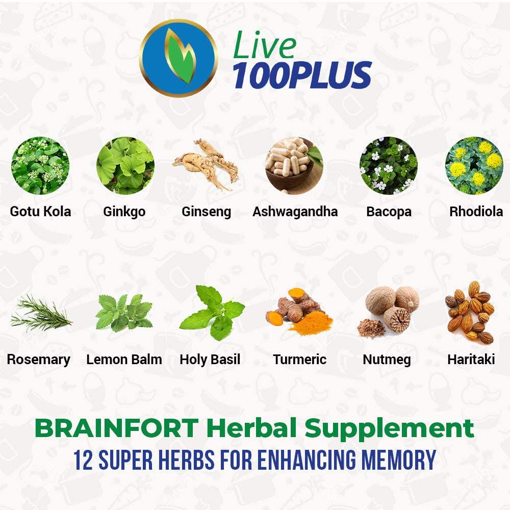 BRAINFORT from Hunza Valley for Strong Brain and Memory. 12 Super Herbs from The Garden of Eden, Where People Live to Over 100 Years. All Natural and Vegetarian. Made in USA by Live 100Plus