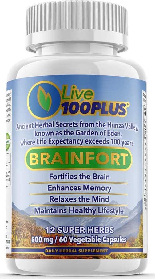 BRAINFORT from Hunza Valley for Strong Brain and Memory. 12 Super Herbs from The Garden of Eden, Where People Live to Over 100 Years. All Natural and Vegetarian. Made in USA by Live 100Plus