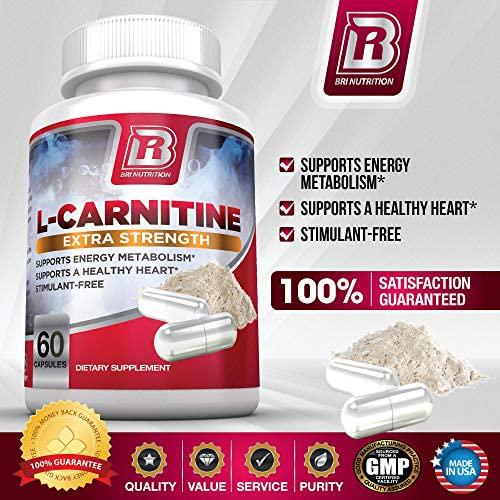 BRI L-Carnitine - 1000mg Premium Quality Carnitine Amino Acid Supports Athletic Performance, Stamina and Heart Health; Stimulant Free Vegetable Cellulose Capsules (60 Count)