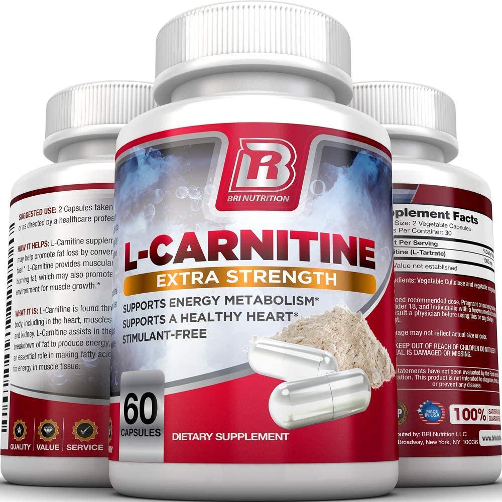 BRI L-Carnitine - 1000mg Premium Quality Carnitine Amino Acid Supports Athletic Performance, Stamina and Heart Health; Stimulant Free Vegetable Cellulose Capsules (60 Count)
