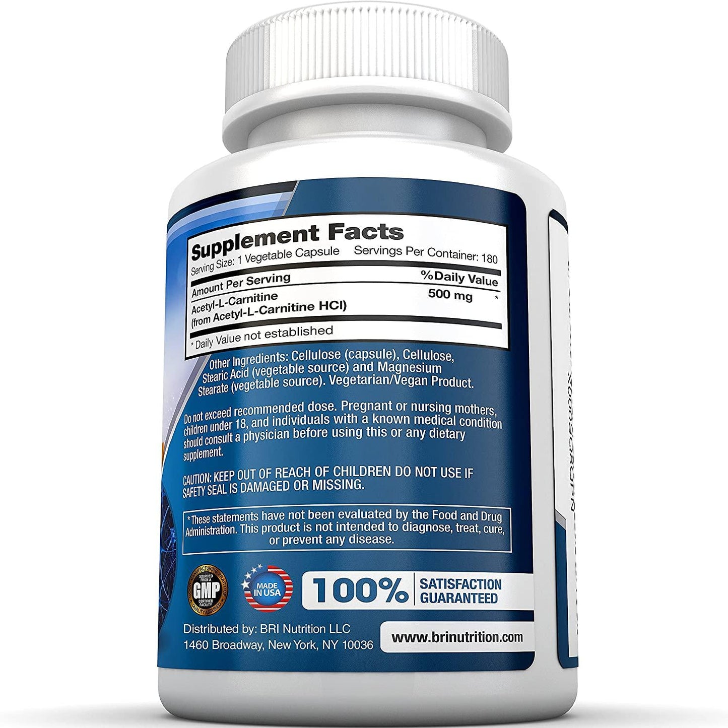 BRI Nutrition Acetyl L-Carnitine - Natural Supplement to Help Boost Energy Production, Support Memory/Focus, Promote Positive Mood - 500mg 180 Vegetable Cellulose Capsules