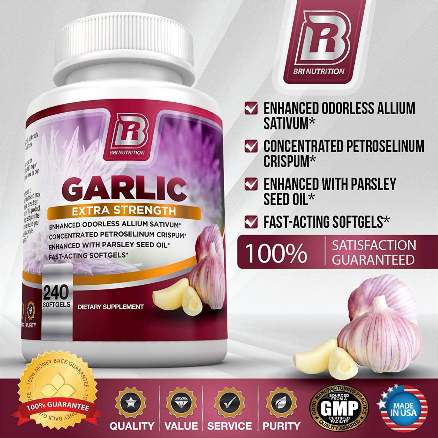 BRI Nutrition Odorless Garlic - 240 Softgels - 1000mg Pure and Potent Garlic Allium Sativum Supplement (Maximum Strength) - 120 Day Supply
