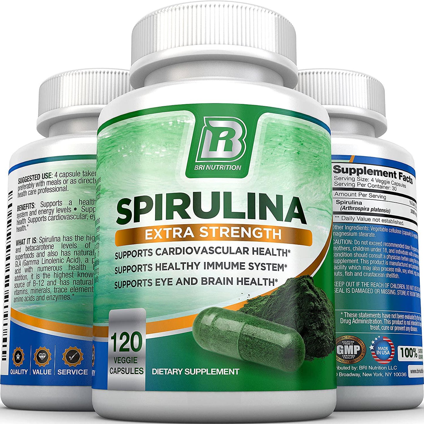 BRI Spirulina 2000mg Maximum Strength Premium Quality Spirulina Superfood Powder, Packed w Antioxidants, Protein and Vitamins in Easy to Swallow Vegetable Cellulose Capsules (120 Count)