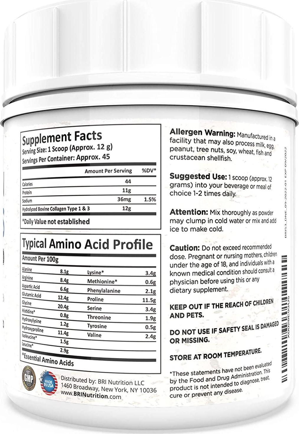 BRI Unflavored Collagen Powder - Hydrolyzed so It's Easy to Mix and Swallow | Collagen Peptides Boost Hair, Nails, Skin and Joints | Non-GMO, Keto Friendly, Grass-Fed and Gluten Free |  45 Servings