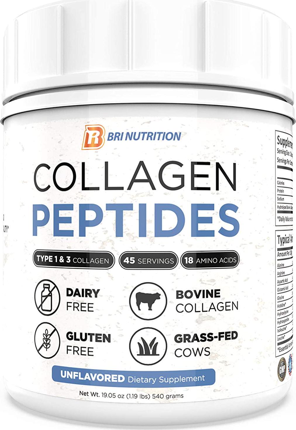 BRI Unflavored Collagen Powder - Hydrolyzed so It's Easy to Mix and Swallow | Collagen Peptides Boost Hair, Nails, Skin and Joints | Non-GMO, Keto Friendly, Grass-Fed and Gluten Free |  45 Servings