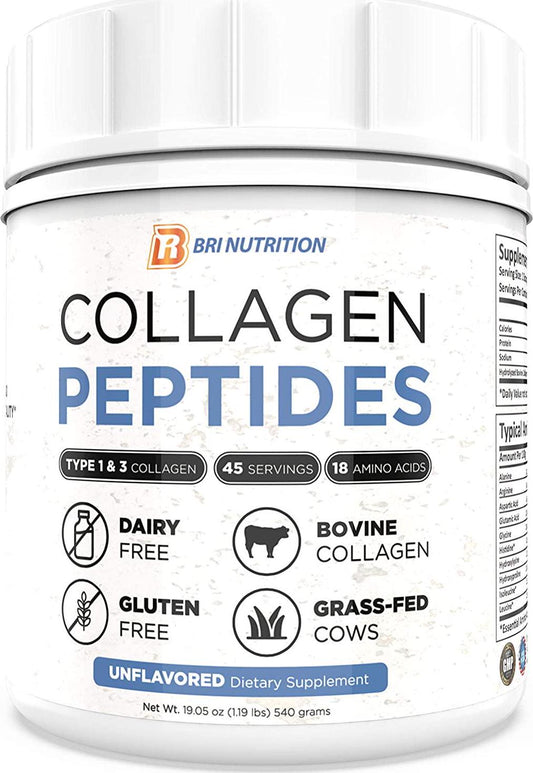 BRI Unflavored Collagen Powder - Hydrolyzed so It's Easy to Mix and Swallow | Collagen Peptides Boost Hair, Nails, Skin and Joints | Non-GMO, Keto Friendly, Grass-Fed and Gluten Free |  45 Servings