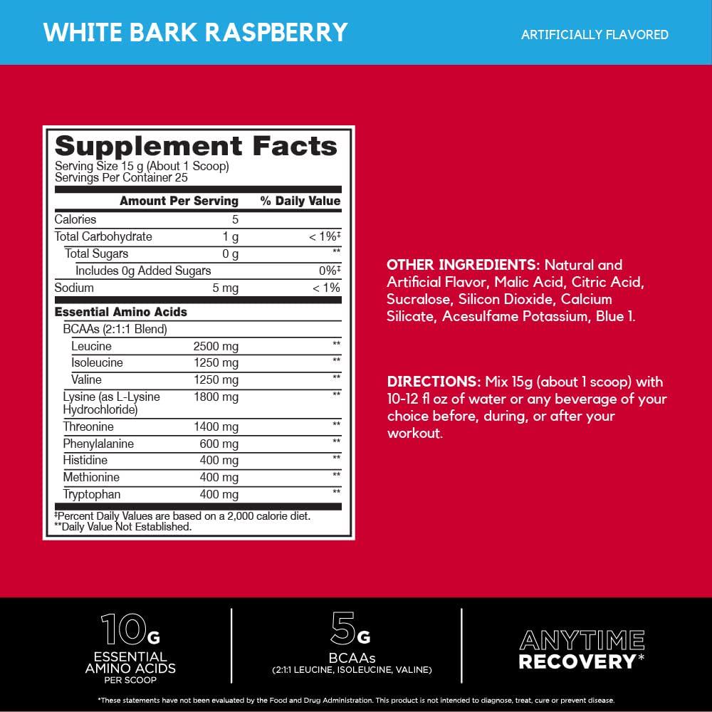 BSN Amino X EAAs, Muscle Recovery and Endurance, 10g Essential Amino Acids, 5g BCAAs, Zero Sugar, Caffeine Free, White Bark Raspberry, 13.2oz, 25 Servings