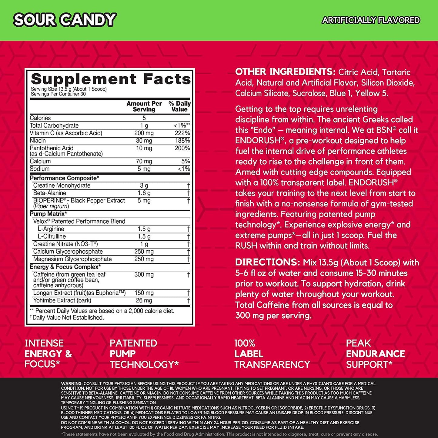 BSN Endorush Energy and Performance Pre-workout Powder With Creatine, 30 Servings, Sour Candy