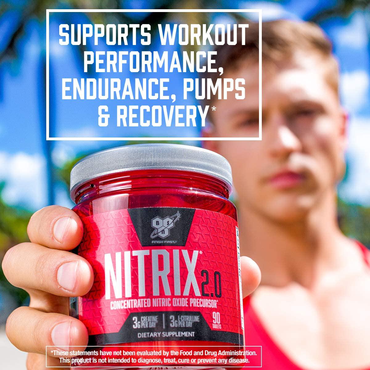 BSN NITRIX 2.0 - Nitric Oxide Precursors, 3g Creatine, 3g L Citrulline - Supports Workout Performance, Pumps, Muscle Recovery and Endurance - 90 Tablets