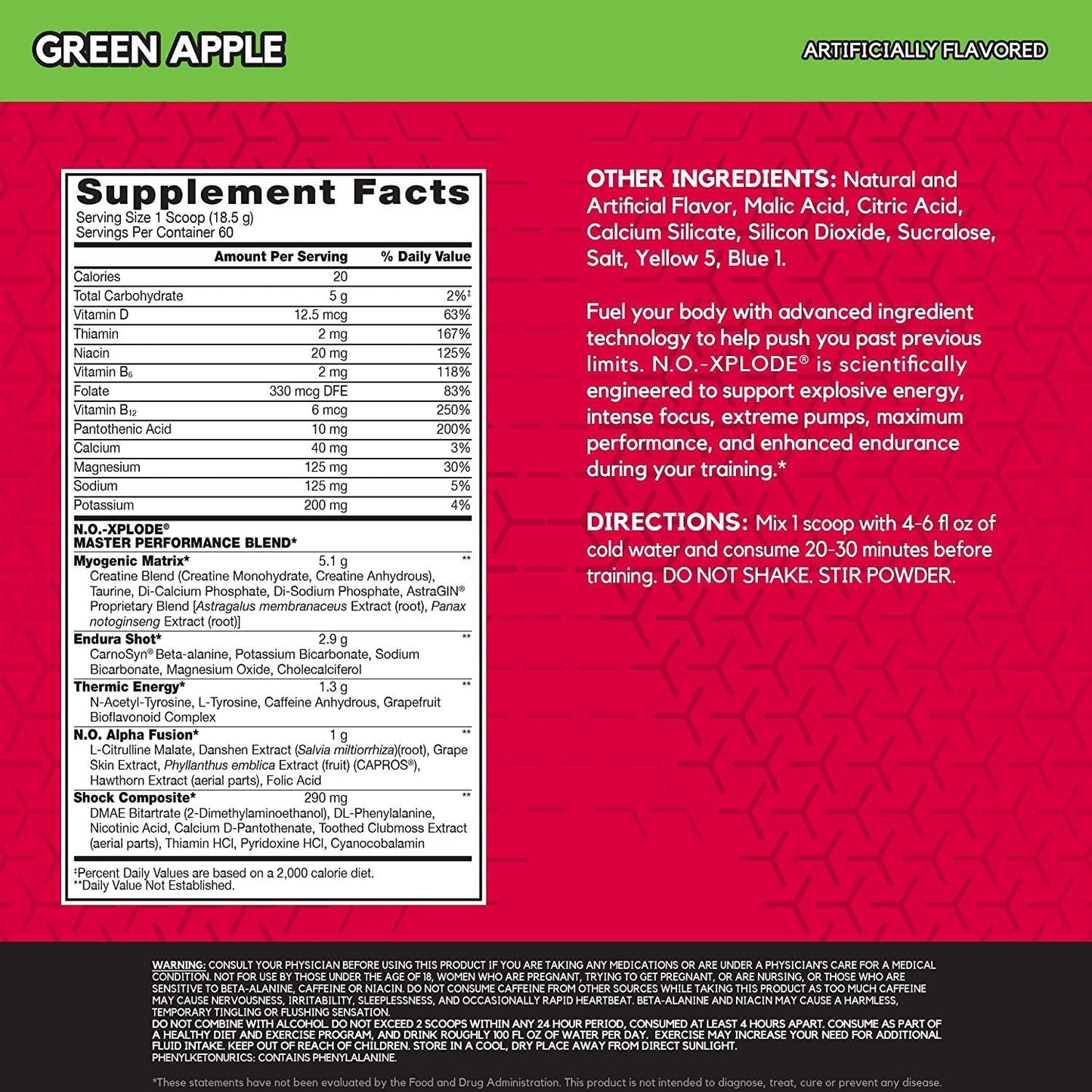 BSN N.O.-XPLODE Pre-Workout Supplement with Creatine, Beta-Alanine, and Energy, Flavor: Green Apple, 60 Servings