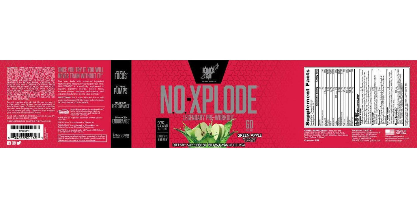 BSN N.O.-XPLODE Pre-Workout Supplement with Creatine, Beta-Alanine, and Energy, Flavor: Green Apple, 60 Servings