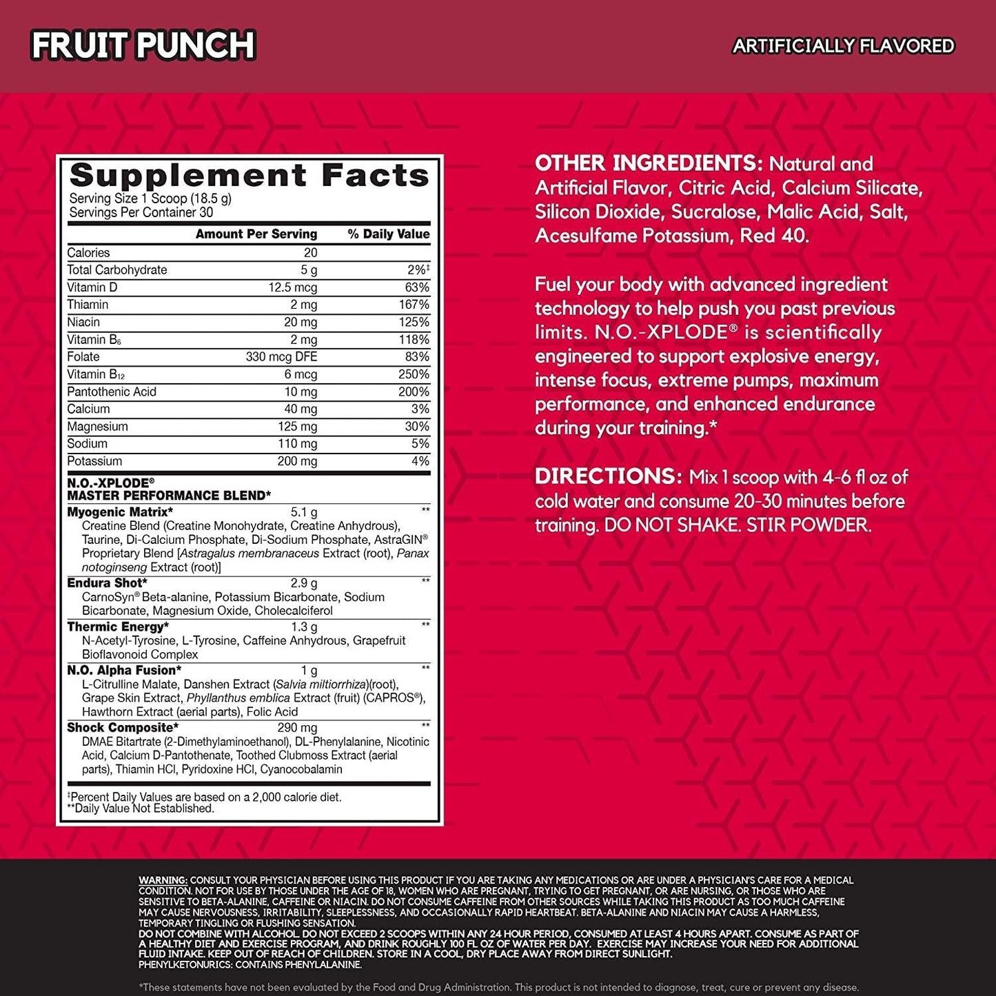 BSN N.O.-XPLODE Pre-Workout Supplement with Creatine, Beta-Alanine, and Energy, Flavor: Fruit Punch, 30 Servings