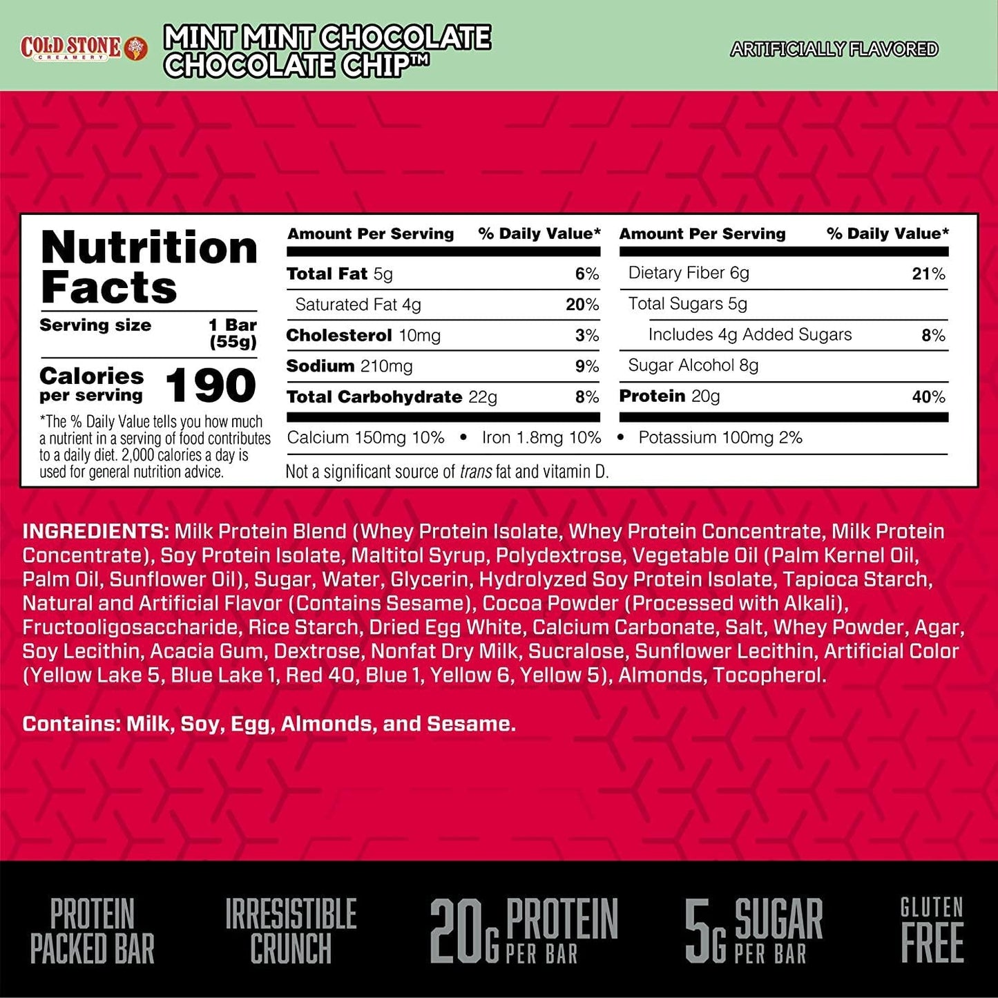 BSN Protein Bars - Protein Crisp Bar by Syntha-6, Whey Protein, 20g of Protein, Gluten Free, Low Sugar, Cold Stone Creamery Mint Mint Chocolate Chip, 12 Count