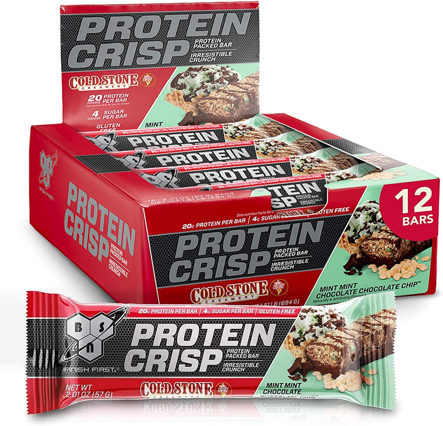 BSN Protein Bars - Protein Crisp Bar by Syntha-6, Whey Protein, 20g of Protein, Gluten Free, Low Sugar, Cold Stone Creamery Mint Mint Chocolate Chip, 12 Count