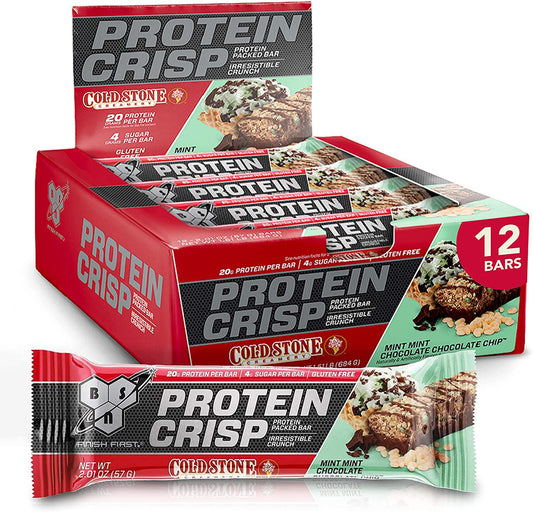 BSN Protein Bars - Protein Crisp Bar by Syntha-6, Whey Protein, 20g of Protein, Gluten Free, Low Sugar, Cold Stone Creamery Mint Mint Chocolate Chip, 12 Count