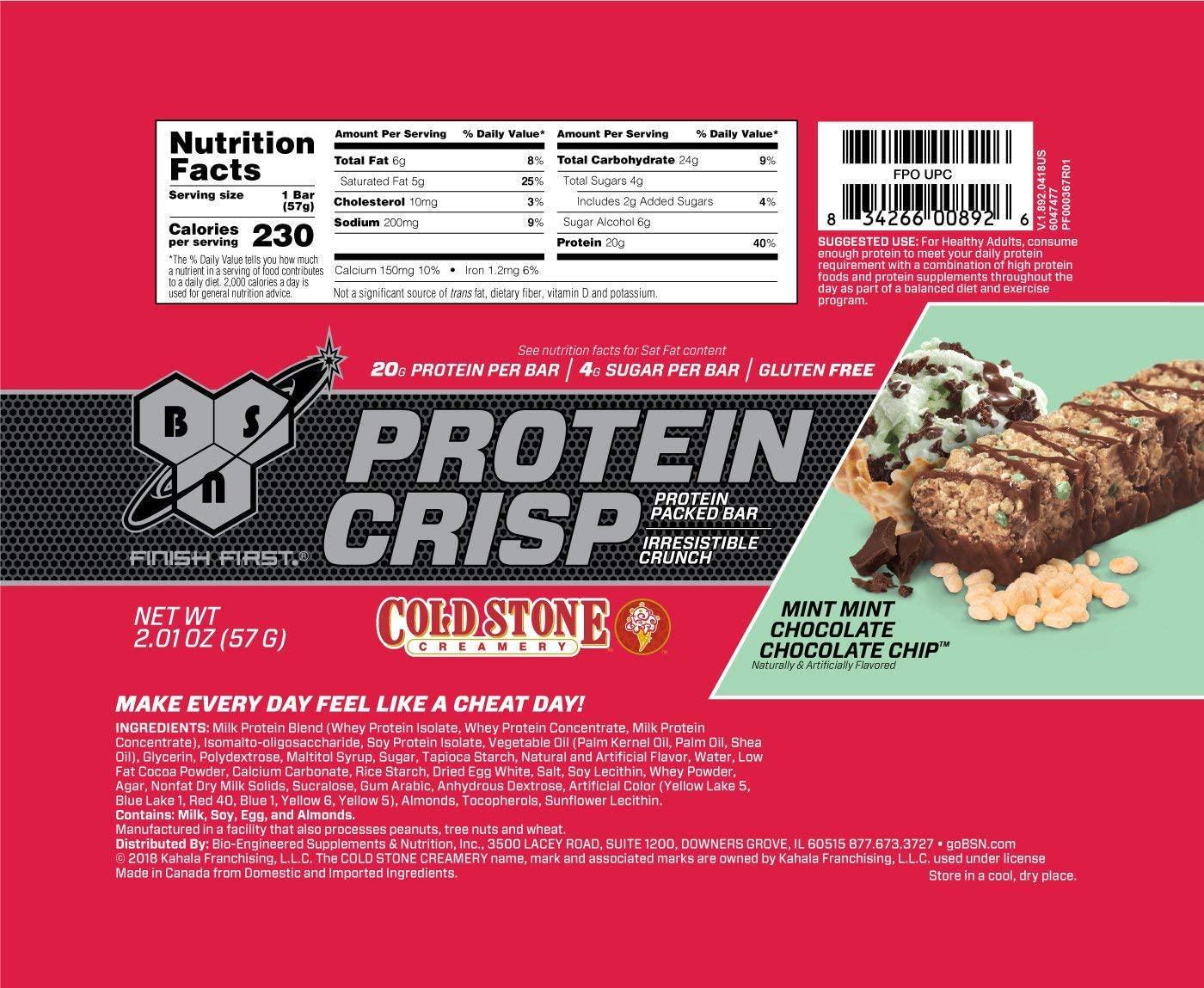 BSN Protein Bars - Protein Crisp Bar by Syntha-6, Whey Protein, 20g of Protein, Gluten Free, Low Sugar, Cold Stone Creamery Mint Mint Chocolate Chip, 12 Count