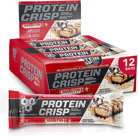 BSN Protein Bars - Protein Crisp Bar by Syntha-6, Whey Protein, 20g of Protein, Gluten Free, Low Sugar, Cold Stone Creamery Birthday Cake Remix, 12 Count