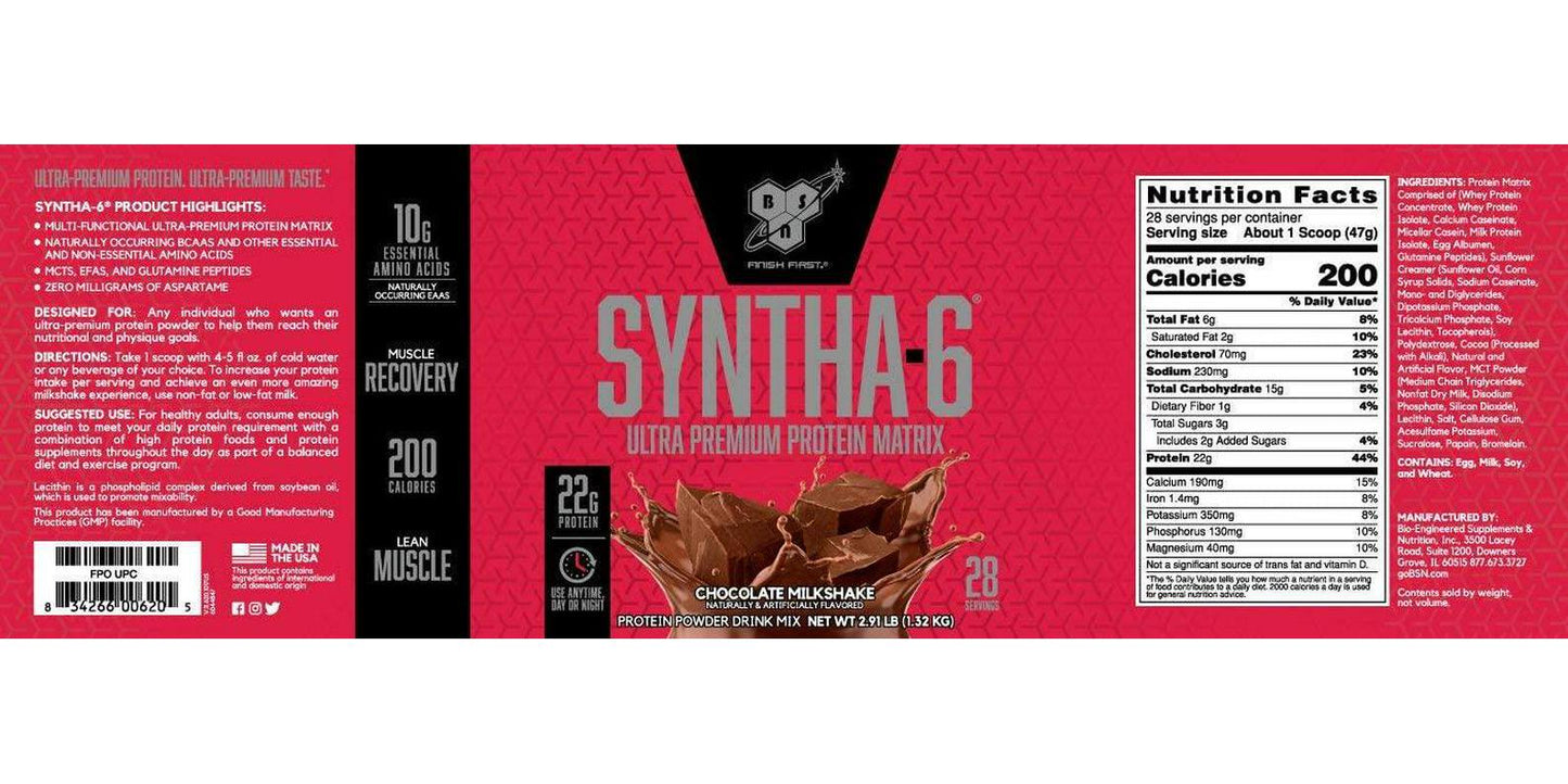 BSN SYNTHA-6 Protein Powder, Whey Protein, Micellar Casein, Milk Protein Isolate, Flavor: Chocolate Milkshake, 28 Servings