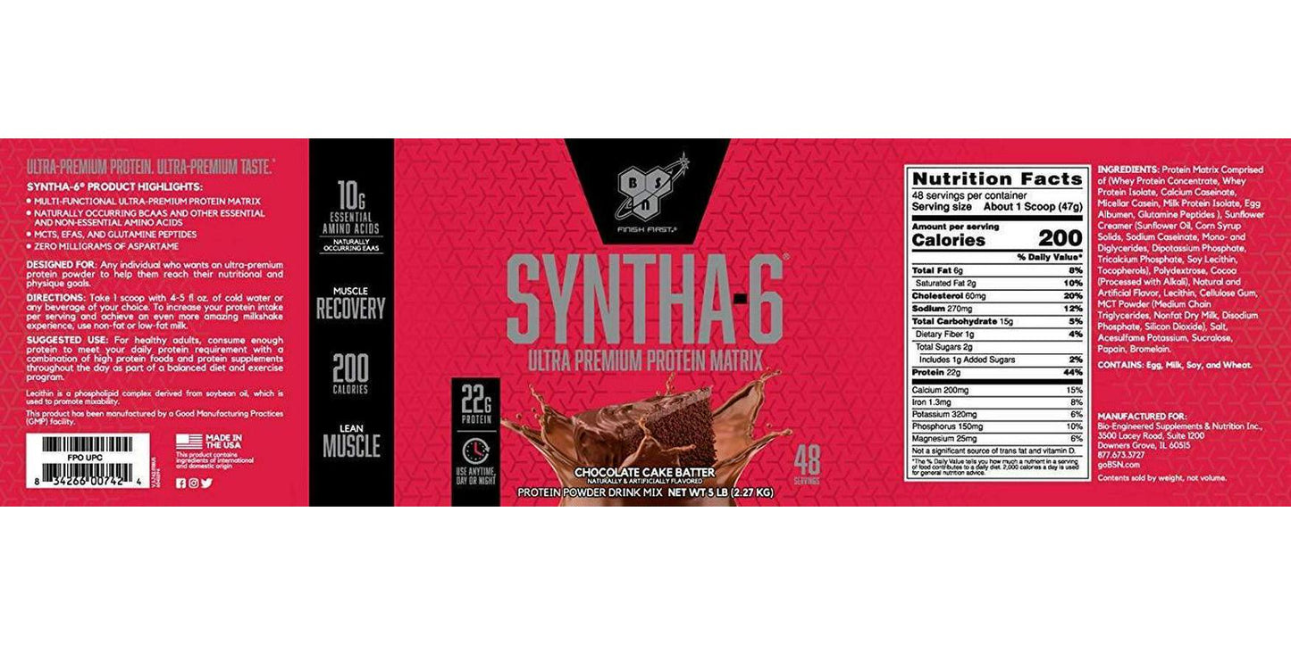 BSN SYNTHA-6 Protein Powder, Whey Protein, Micellar Casein, Milk Protein Isolate, Flavor: Chocolate Cake Batter, 48 Servings