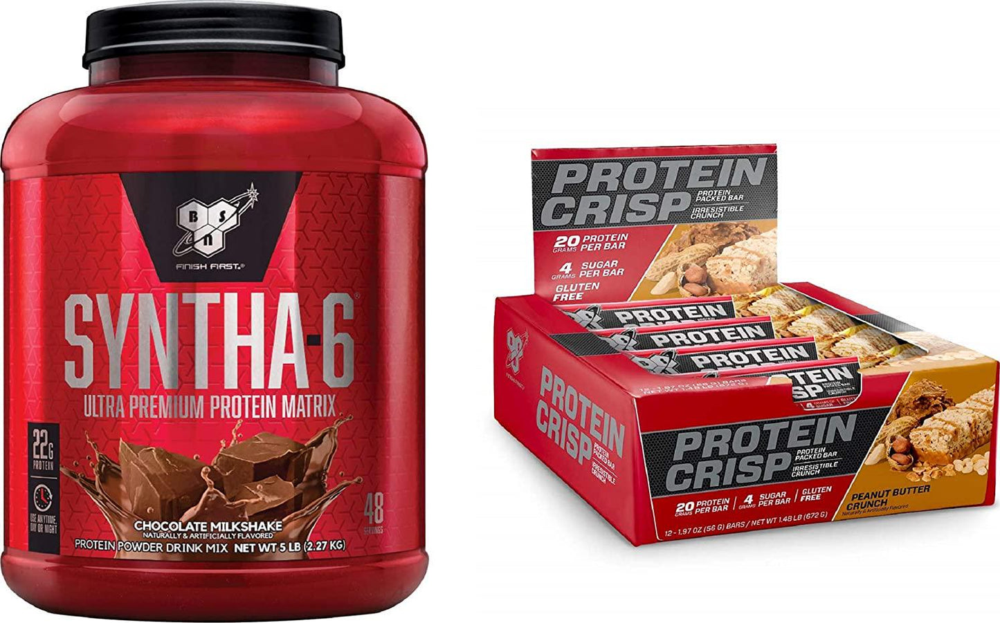 BSN SYNTHA-6 Whey Protein Powder, Chocolate Milkshake (48 Servings) with BSN Protein Crisp Bar, Low Sugar Whey Protein Bar, 20g of Protein, Peanut Butter Crunch (12 Count)