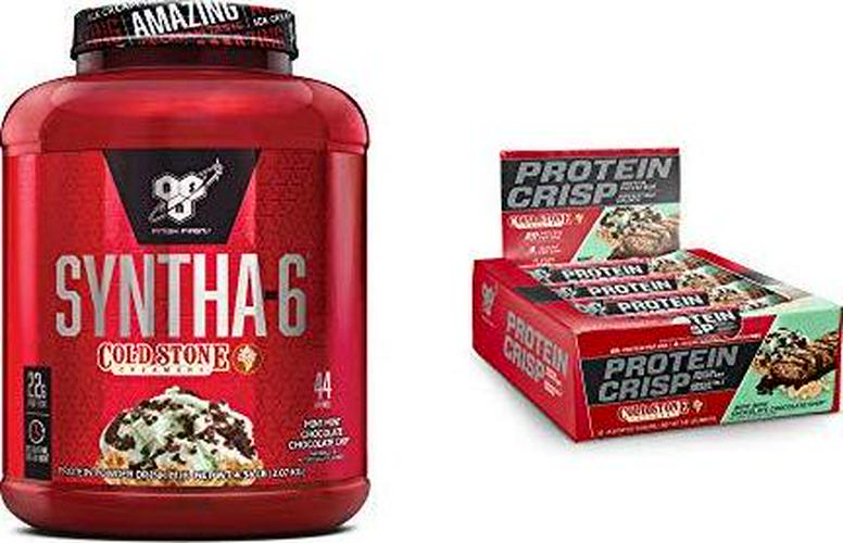 BSN Syntha-6 Whey Protein Powder, Mint Mint Chocolate Chocolate Cake Flavor (44 Servings) with BSN Protein Crisp Bar, Mint Mint Chocolate Chip-Low Sugar Whey Protein Bar, 20g of Protein (12 Count)