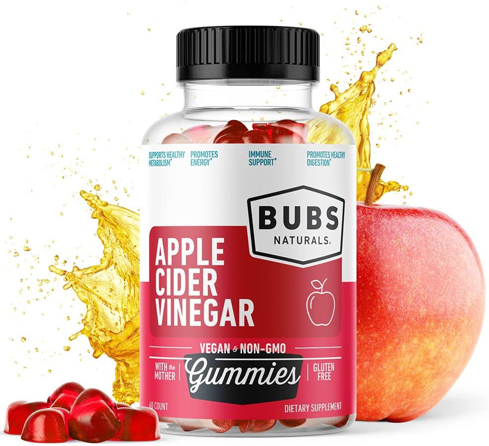 BUBS Naturals Apple Cider Vinegar Gummies - With the Mother - All Natural Vegan ACV Gummy Vitamins - Supports Detox, Digestion - Promotes Energy, Boosts Metabolism, B Vitamins - 60 Count