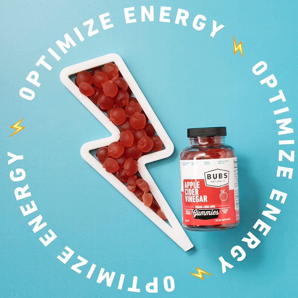 BUBS Naturals Apple Cider Vinegar Gummies - With the Mother - All Natural Vegan ACV Gummy Vitamins - Supports Detox, Digestion - Promotes Energy, Boosts Metabolism, B Vitamins - 60 Count