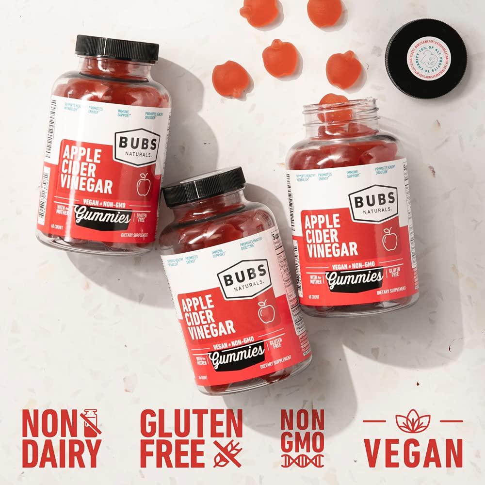 BUBS Naturals Apple Cider Vinegar Gummies - With the Mother - All Natural Vegan ACV Gummy Vitamins - Supports Detox, Digestion - Promotes Energy, Boosts Metabolism, B Vitamins - 60 Count