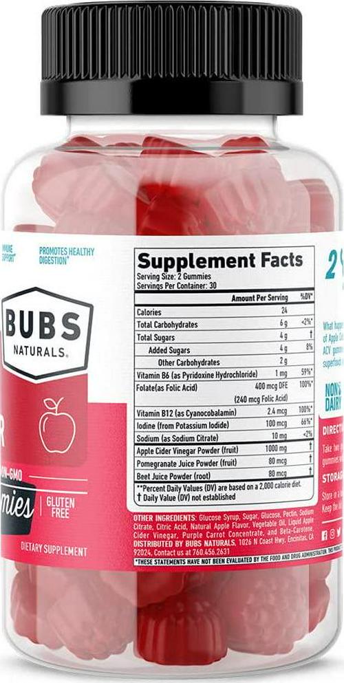 BUBS Naturals Apple Cider Vinegar Gummies - With the Mother - All Natural Vegan ACV Gummy Vitamins - Supports Detox, Digestion - Promotes Energy, Boosts Metabolism, B Vitamins - 60 Count
