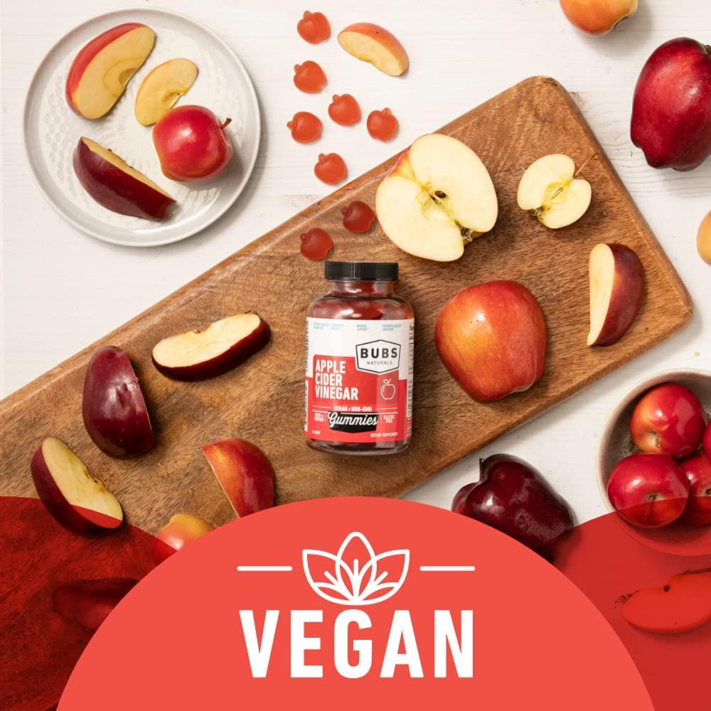 BUBS Naturals Apple Cider Vinegar Gummies - With the Mother - All Natural Vegan ACV Gummy Vitamins - Supports Detox, Digestion - Promotes Energy, Boosts Metabolism, B Vitamins - 60 Count