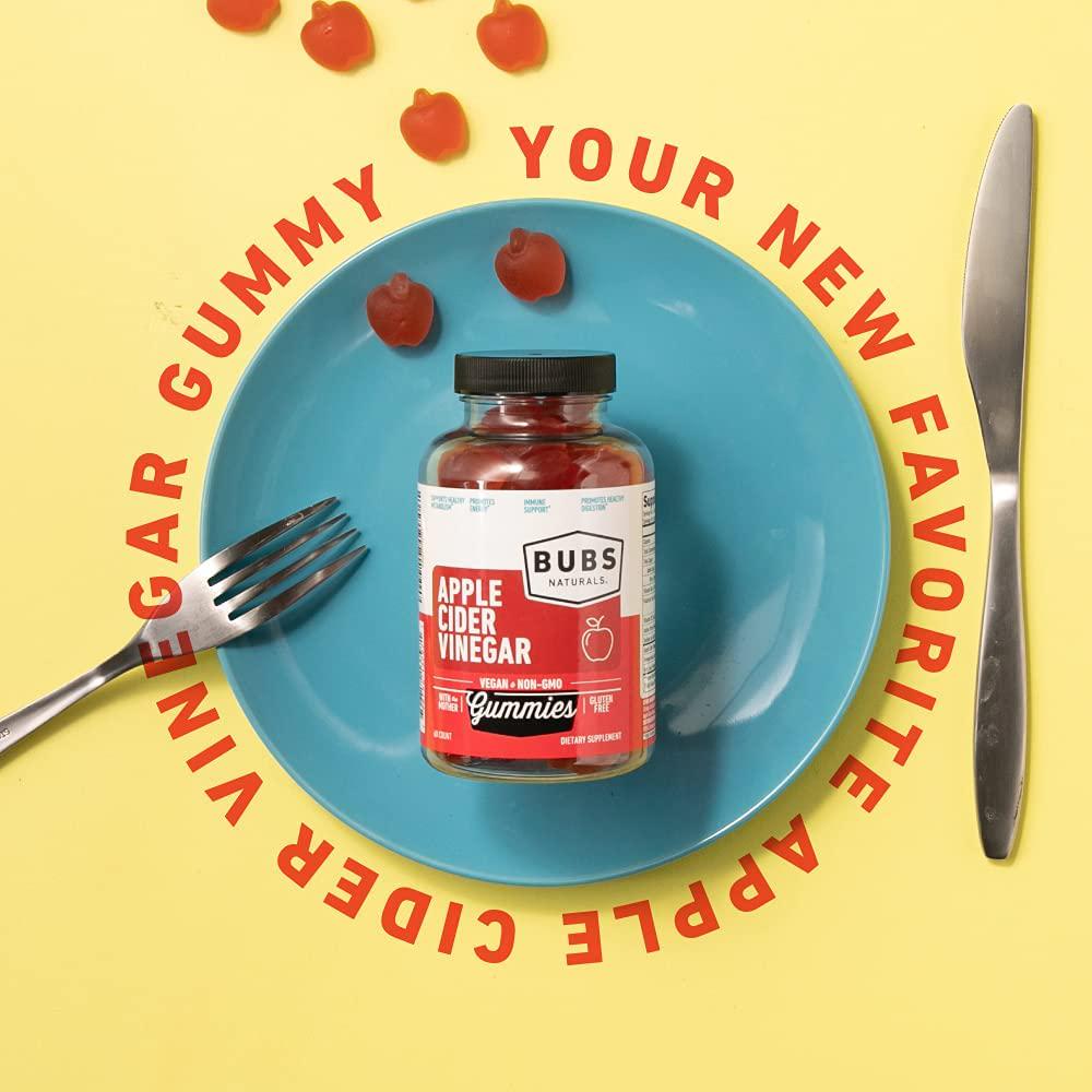 BUBS Naturals Apple Cider Vinegar Gummies - With the Mother - All Natural Vegan ACV Gummy Vitamins - Supports Detox, Digestion - Promotes Energy, Boosts Metabolism, B Vitamins - 60 Count